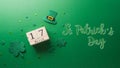 Happy St Patrick\'s Day decoration concept made from shamrocks ( clover leaf), wooden calendar and leprechaun hat