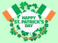 Happy St. Patrick\'s Day. Festival round banner with green clover leaves and Irish flags