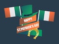 Happy St. Patrick`s Day. Festive design with clover and horseshoe leaves. Irish flag. Background for greeting card, wrapping pape Royalty Free Stock Photo