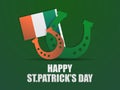 Happy St. Patrick`s Day. Festive design with clover and horseshoe leaves. Irish flag. Background for greeting card, wrapping pape Royalty Free Stock Photo