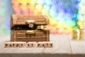 Happy St. Patrick`s Day fun rainbow background with treasure chest