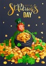 Happy St. Patrick`s day greeting card. Red gnome and pot of gold Royalty Free Stock Photo