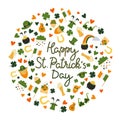 Happy St. Patrick`s Day Greetings Card Illustration. Clover Hat woth Pattern Background. Vector EPS 10