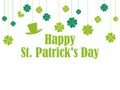 Happy St. Patrick`s Day. Hanging clover and leprechaun hat. Festive banner, greeting card. Typography design Royalty Free Stock Photo