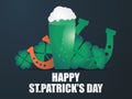 Happy St. Patrick`s Day. Holiday symbols: a glass of green beer, clover leaves and a horseshoe. Vector Royalty Free Stock Photo