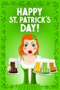 Happy St. Patrick`s Day illustration - waitress holding beer