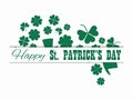 Happy St. Patrick`s Day. Leprechaun hat and green clover leaves. Festive banner, greeting card. Typography design. Vector Royalty Free Stock Photo