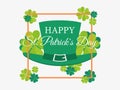 Happy St. Patrick`s Day. Leprechaun hat and leaves of green clover in a frame. Festive banner, greeting card. Typography design Royalty Free Stock Photo