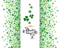 Happy St. Patrick`s day lettering logo on white vertical banner with green clover shamrock leaves background