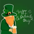 Happy St. Patrick`s Day lettering with Red Beared Leprechaun Character and clover shamrock. Irish hollyday template