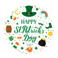 Happy St. Patrick s day lettering with traditional Irish symbols green hat, leaf of shamrock, Leprechaun, pot of treasure, gold Royalty Free Stock Photo