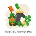 Happy St Patrick\'s Day on 17 March with Golden Coins, happy leprechaun Beer Pub and Shamrock