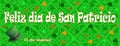 Happy St. Patrick\'s Day March 17 written in spanish with clovers, leprechaun hat on celtic green background
