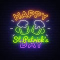 Happy St. Patrick`s Day neon sign vector. Happy Saint Patrick`s Day Design template with ghost and web for banner Royalty Free Stock Photo