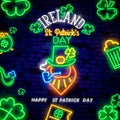 Happy St. Patrick`s Day neon text vector design template. Happy Saint Patrick`s Day neon logo, light banner design element Royalty Free Stock Photo