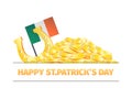 Happy St. Patrick`s Day. A pile of gold coins with gold horseshoe and Irish flag isolated on white background. Vector illustratio Royalty Free Stock Photo