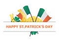 Happy St. Patrick`s Day. A pile of gold coins with gold horseshoe and Irish flag isolated on white background. Vector illustratio Royalty Free Stock Photo
