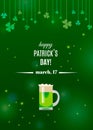 Happy St. Patrick`s Day poster template with clover shamrock leaves on strings and glass of Irish green beer Royalty Free Stock Photo