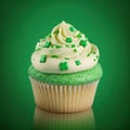 Happy St Patrick's Day Tasty cupcake with white cream and sugar shamrock, clover leaves on top standing on green