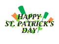 Happy st. Patrick\'s Day text with clover leaves, golden coins and Irish flags. Clover leaves behind