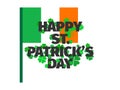 Happy st. Patrick\'s Day text with clover leaves and Irish flags. Clover leaves behind and in front of the letters