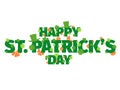 Happy st. Patrick\'s Day text with clover leaves and leprechaun hat. Clover leaves behind and in front of the letters Royalty Free Stock Photo