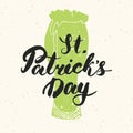 Happy St Patrick`s Day Vintage greeting card Hand lettering on beer cup silhouette, Irish holiday grunge textured retro design vec