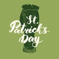 Happy St Patrick`s Day Vintage greeting card Hand lettering on beer cup silhouette, Irish holiday grunge textured retro design vec