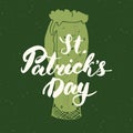 Happy St Patrick`s Day Vintage greeting card Hand lettering on beer cup silhouette, Irish holiday grunge textured retro design vec