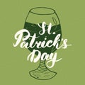 Happy St Patrick`s Day Vintage greeting card Hand lettering on beer cup silhouette, Irish holiday grunge textured retro design vec