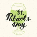 Happy St Patrick`s Day Vintage greeting card Hand lettering on beer cup silhouette, Irish holiday grunge textured retro design vec