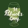 Happy St Patrick`s Day Vintage greeting card Hand lettering on beer cup silhouette, Irish holiday grunge textured retro design vec