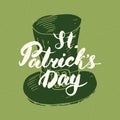 Happy St Patrick`s Day Vintage greeting card Hand lettering on leprechaun hat silhouette, Irish holiday grunge textured retro desi