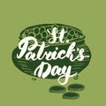 Happy St Patrick`s Day Vintage greeting card Hand lettering on leprechaun pot of gold coins silhouette, Irish holiday grunge textu