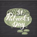 Happy St Patrick`s Day Vintage greeting card Hand lettering on leprechaun pot of gold coins silhouette, Irish holiday grunge textu