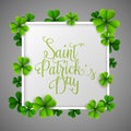 Happy St.Patrick`s day with white frame square and leaves clover on gray background