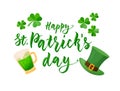 Happy St Patrick's day design with lettering, hat, clover, green beer mug Royalty Free Stock Photo