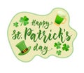 Happy St Patrick's day lettering with hat, clover, green beer mug. Royalty Free Stock Photo