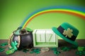 Happy St. Patrick's day. Shiny shamrocks, gold coins and leprechaun hat on a wooden background with rainbow Royalty Free Stock Photo