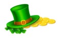 Happy St Patricks Day Banner with Leprechaun Hat Gold Coins and Shamrock Leaves Illustration Vector