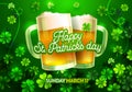 Happy St Patricks Day Card with Beer Lucky Clover Ornament and Calligraphy Font Type. Traditional St. Patric Day Card for Pub Bar Royalty Free Stock Photo