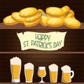 happy st patricks day card beers and coins wooden background Royalty Free Stock Photo