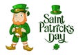 Happy St. Patricks Day illustration of leprechaun with lettering isolated Royalty Free Stock Photo