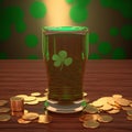 Happy St Patricks Day. Glass of beer with green clover leaf inside standing on wooden table near a heap of gold coins