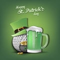 Happy St. Patricks day. Golf ball and mug of beer Royalty Free Stock Photo