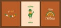 Happy St Patricks Day greeting cards set with cute leprechaun with clover, rainbow and garland. Flat design vector