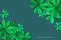 Happy St. Patricks Day Greetings Card. Four and Three Leaf Clover in paper cut style. Space for Text. Floral green