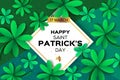 Happy St. Patricks Day Greetings Card. Four and Three Leaf Clover in paper cut style. Space for Text. Floral green