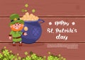 Happy St. Patricks Day Holiday Poster Or Greeting Card Background Leprechaun Man Over Big Pot With Golden Coins Royalty Free Stock Photo