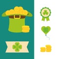 happy st patricks day icons hat rosette heart beer hat and coins flat vector